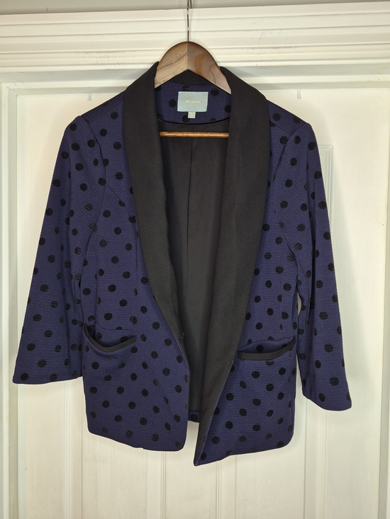 Skies Are Blue Jackets & Blazers - Skies Are Blue Women's Navy With Black Polka Dot Open-Front Blazer Jacket Large